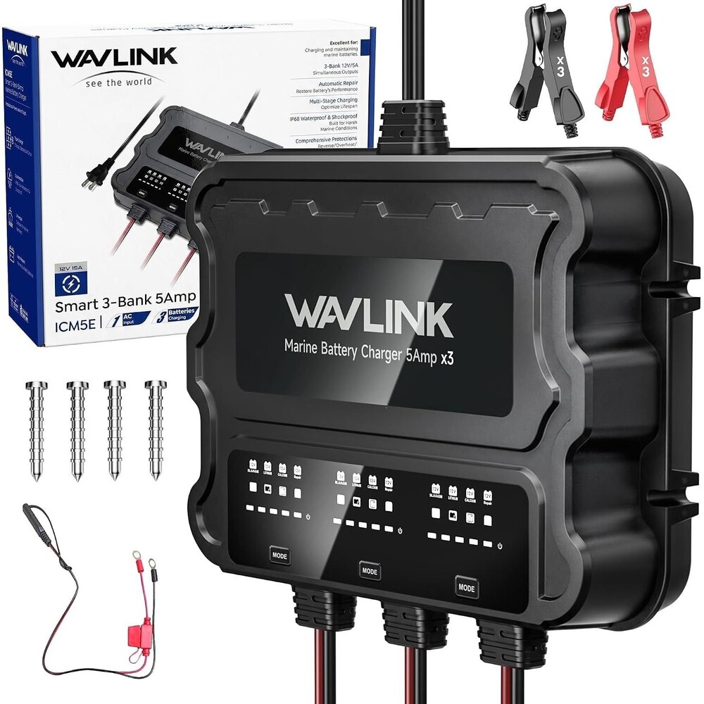 WAVLINK 3 Bank 15A Marine Battery Charger 12V IP68 Onboard Battery Charger